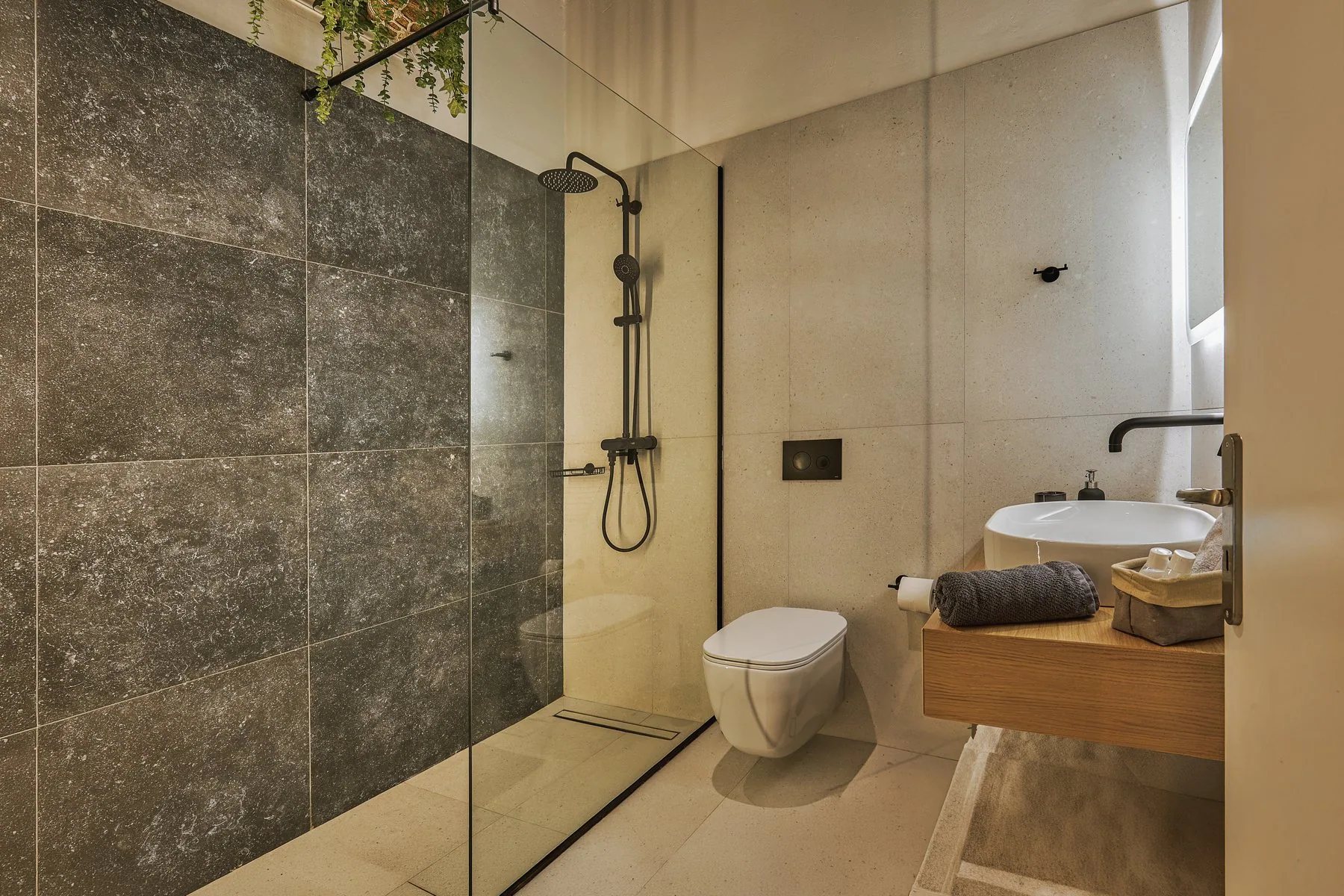 Walk-in shower bathroom at Yiamas Seaside Cottage in Paleokastro Crete Walk-in shower bathroom at Yiamas Seaside Cottage in Paleokastro Crete