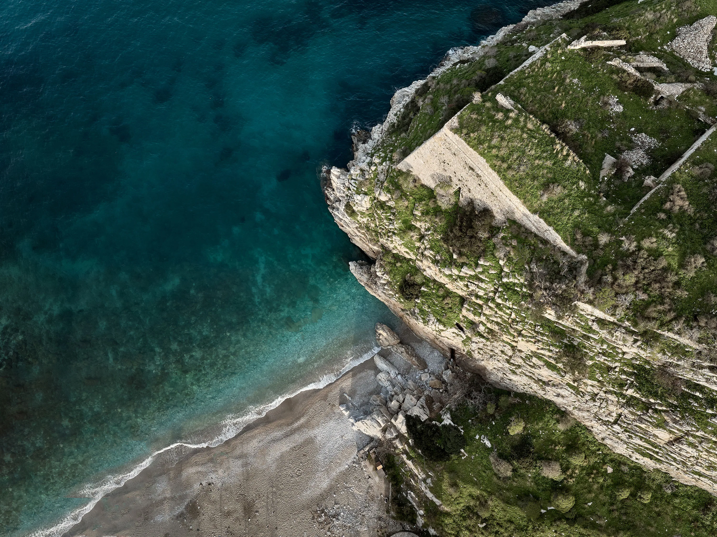 Aerial view of Paleokastro bay beach near Yiamas house in Heraklion Crete Aerial view of Paleokastro bay beach near Yiamas house in Heraklion Crete